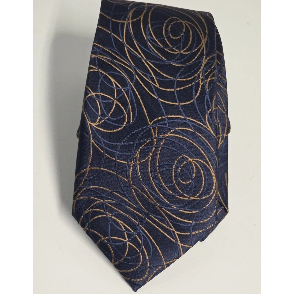 Barry Wang Mens Classic Abstract Gold Rose Blue Silk Necktie Designer Business